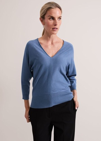 Phase Eight Gina V Neck Batwing Knitwear Blue Canada | XEZPBC-178